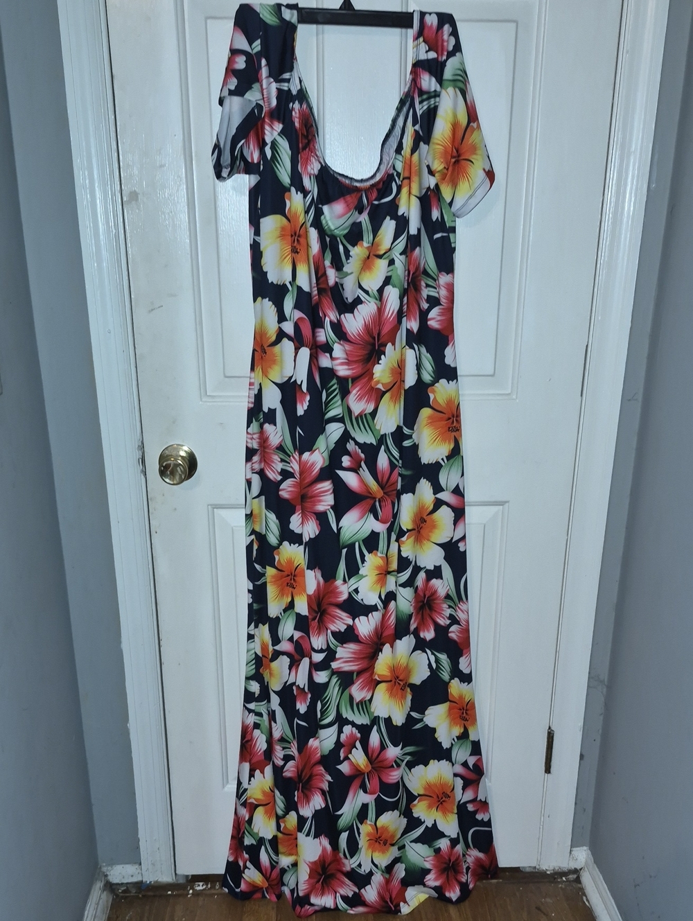 Floral Off Shoulder 5x Maxi Dress with Pink and Yellow Hibiscus Print
